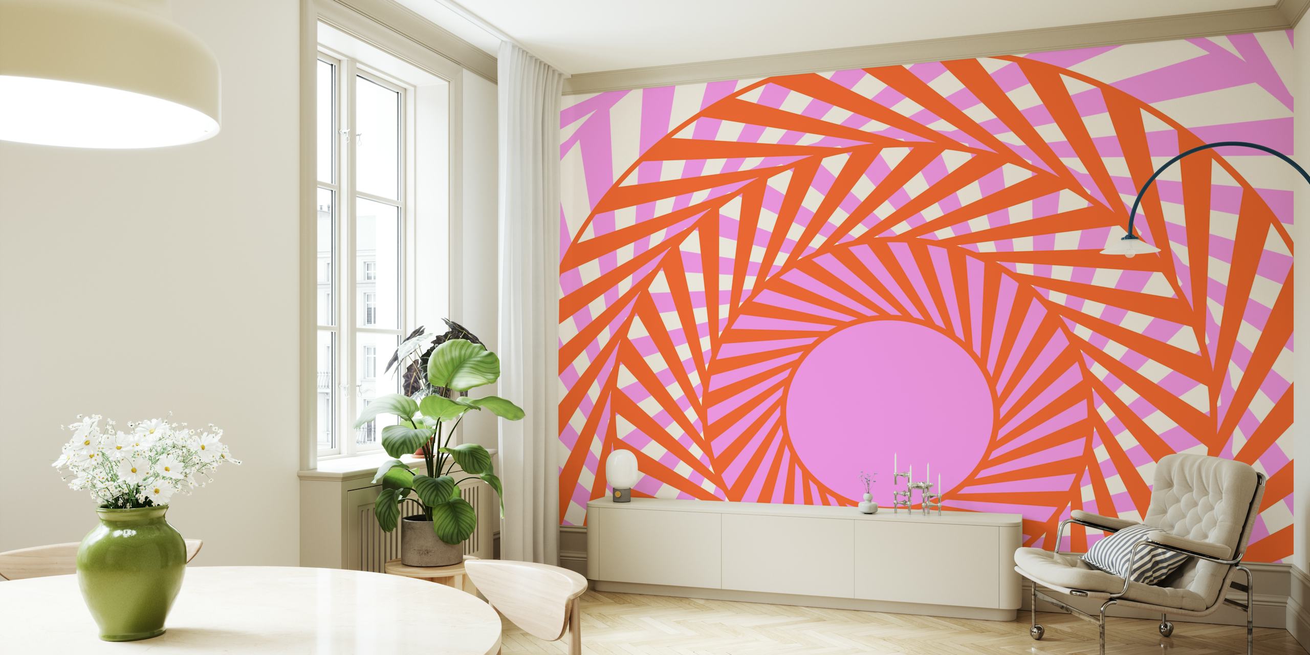 Abstract mid-century pop art style wall mural with pink, red, and violet geometric patterns